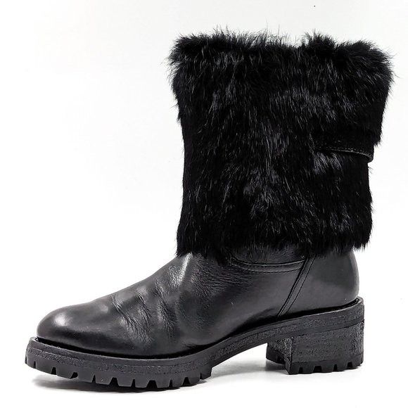 Tory Burch Women Joni Fur Cuff Buckle Logo Black Leather Mid Calf Boots size 7 - Picture 12 of 12
